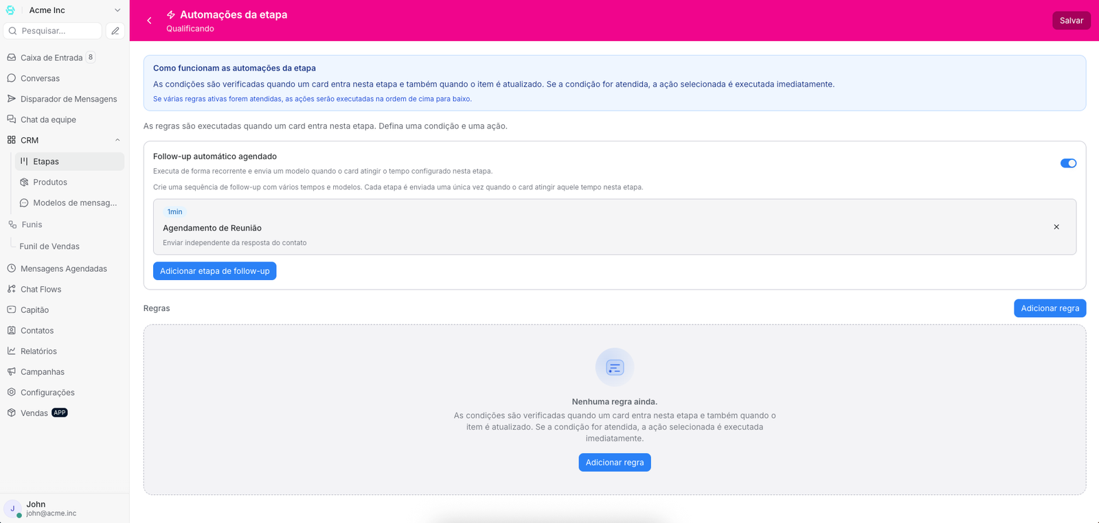Tela de agendamento de mensagens e follow-ups do Kanban para Chatwoot